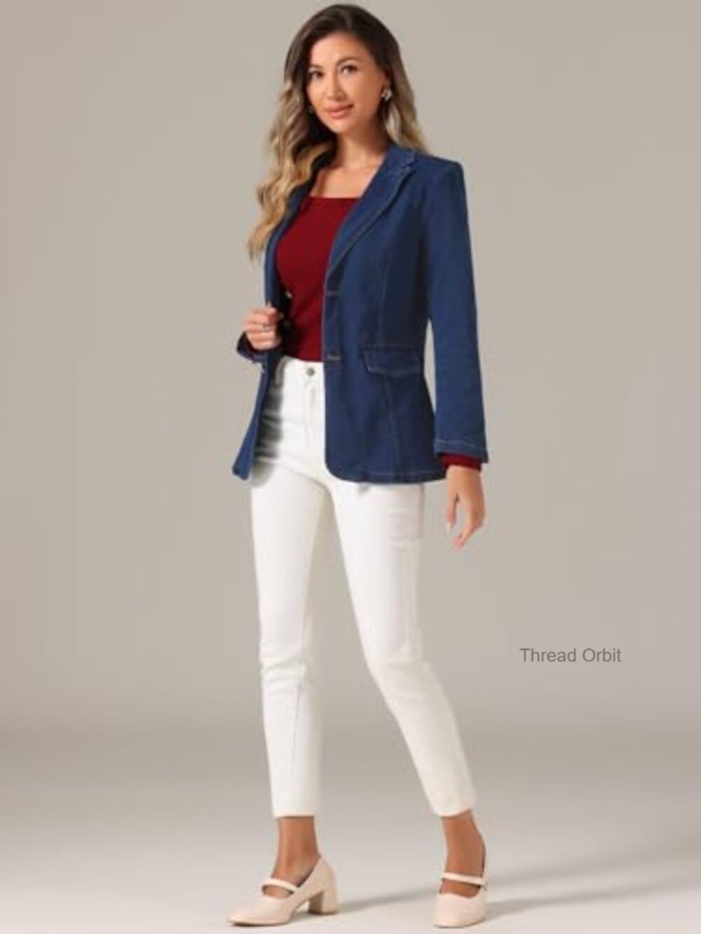 Allegra K Notched Lapel Denim Blazer Stretch Business Casual - Picture 3 of 4